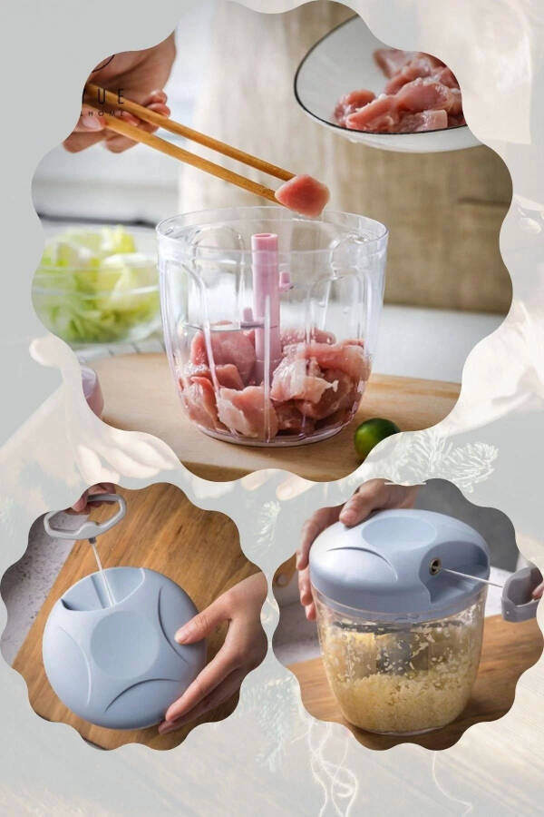 Practical Cordless Hand Chopper with 5 Steel Blades, Large Size Vegetable Fruit Meat Onion Chopper Blender Grater Blue - 5