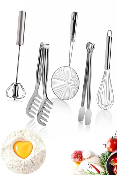 Practical Kitchen Utensils 5 Piece Tableware Kitchen Food Preparation Set Steel Whisk Tongs Colander Ladle - 1