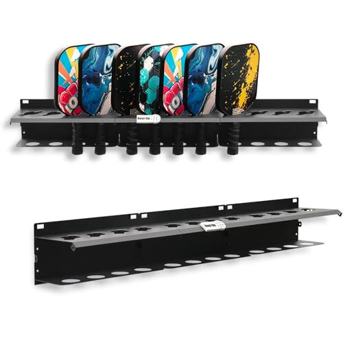 PRAMOON Pickleball Paddle Rack, 4/8/12-Paddle Holder, with Label to Track Next Up Players, Multiple Racks are Spliced to Achieve Expansion, Fence or Wall Mount, Steel, Black - 1