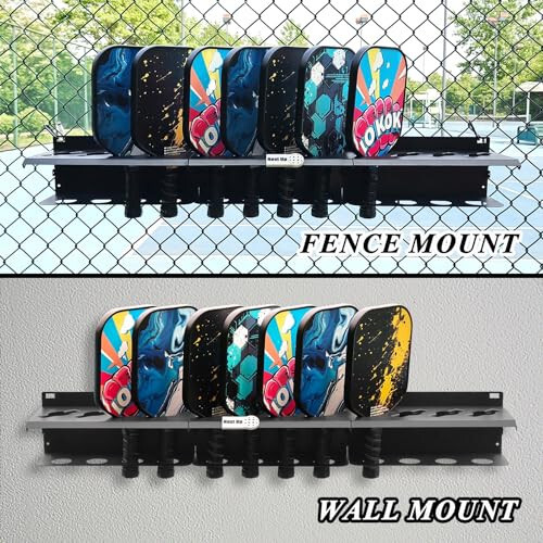 PRAMOON Pickleball Paddle Rack, 4/8/12-Paddle Holder, with Label to Track Next Up Players, Multiple Racks are Spliced to Achieve Expansion, Fence or Wall Mount, Steel, Black - 2