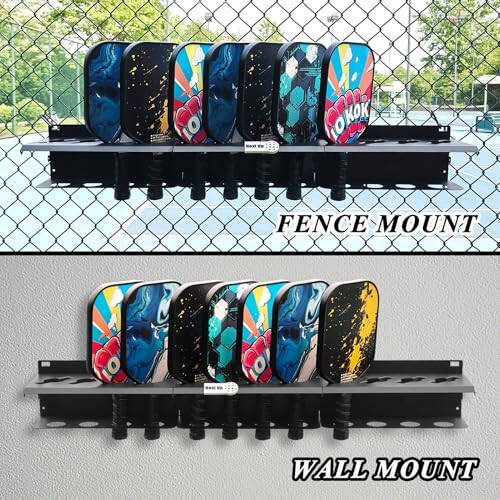 PRAMOON Pickleball Paddle Rack, 4/8/12-Paddle Holder, with Label to Track Next Up Players, Multiple Racks are Spliced to Achieve Expansion, Fence or Wall Mount, Steel, Black - 4