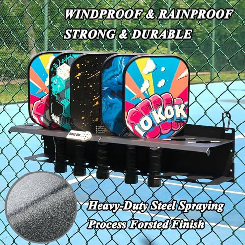 PRAMOON Pickleball Paddle Rack, 4/8/12-Paddle Holder, with Label to Track Next Up Players, Multiple Racks are Spliced to Achieve Expansion, Fence or Wall Mount, Steel, Black - 6