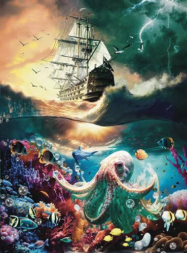 Premium 1000 Piece Jigsaw Puzzle for Adults - 27x20 Unique Marine Artwork Pirate shipoctopus Puzzle - Unique Brain Teaser, Difficult and Challenge Large Puzzle Game Toys Gift... - 1