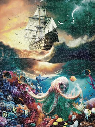 Premium 1000 Piece Jigsaw Puzzle for Adults - 27x20 Unique Marine Artwork Pirate shipoctopus Puzzle - Unique Brain Teaser, Difficult and Challenge Large Puzzle Game Toys Gift... - 2