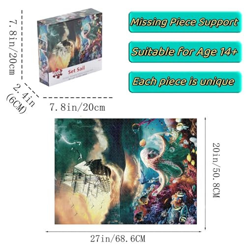 Premium 1000 Piece Jigsaw Puzzle for Adults - 27x20 Unique Marine Artwork Pirate shipoctopus Puzzle - Unique Brain Teaser, Difficult and Challenge Large Puzzle Game Toys Gift... - 3