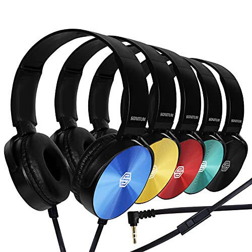 Premium Classroom Headphone with Microphone (5 Pack) - Kids Wired Earphones with Mic for School Students K-12 & Teachers, Soft Swivel On Ear Pads- Perfect for E-Learning, Meetings, Calls -(Colorful) - 1