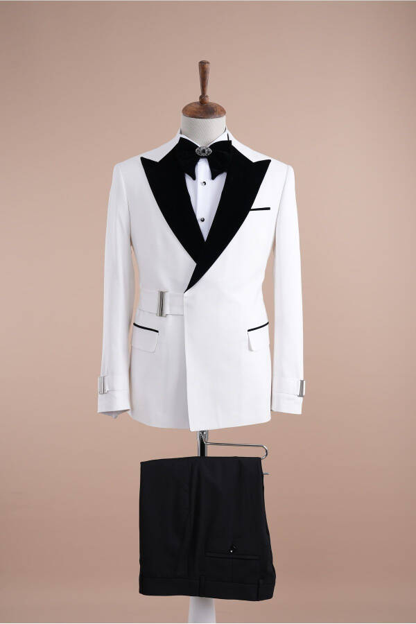 Premium Men's Buttoned Double Breasted Wedding Suit Slim fit Italian Style Jacket Pants Bow Tie - White - 1