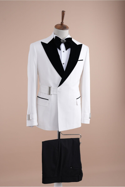 Premium Men's Buttoned Double Breasted Wedding Suit Slim fit Italian Style Jacket Pants Bow Tie - White - 2