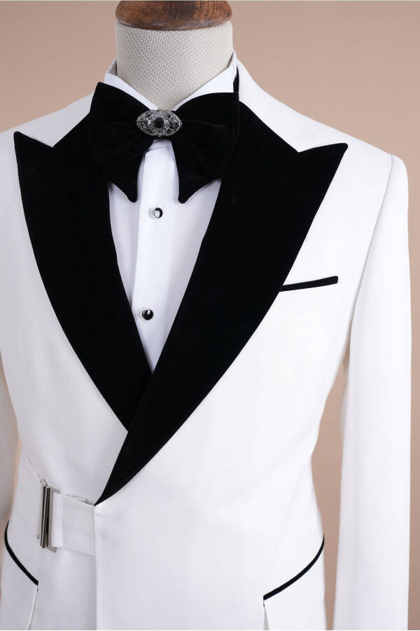 Premium Men's Buttoned Double Breasted Wedding Suit Slim fit Italian Style Jacket Pants Bow Tie - White - 4