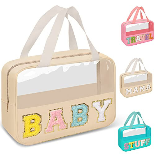 Preppy Clear Baby Makeup Bags with Chenille Letter Patches, Travel Essentials Large Clear Make up Bag Zipper Pouch with Handle, Waterproof Nylon Cosmetic Toiletry Storage Tote for Women (BABY-Beige) - 1