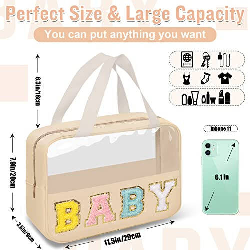 Preppy Clear Baby Makeup Bags with Chenille Letter Patches, Travel Essentials Large Clear Make up Bag Zipper Pouch with Handle, Waterproof Nylon Cosmetic Toiletry Storage Tote for Women (BABY-Beige) - 2