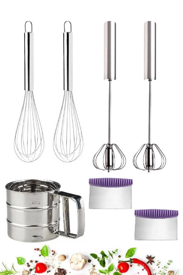 Press-Button Whisk Mixer Set with Steel Spring Whisk, Powder Flour Sieve, Shaped Dough Cutter Slicer - 1