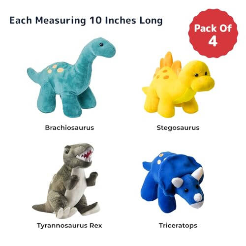 Prextex Plush Dinosaur Stuffed Animal, 4pk, 10'' Cute Dinosaur Plush Toys for Boys & Girls Ages 3+, Stuffed Dinosaurs for Boys, Soft Dino Plush Stuffed Animals Dinosaur Party Favors, Stuffed Dinosaur - 3