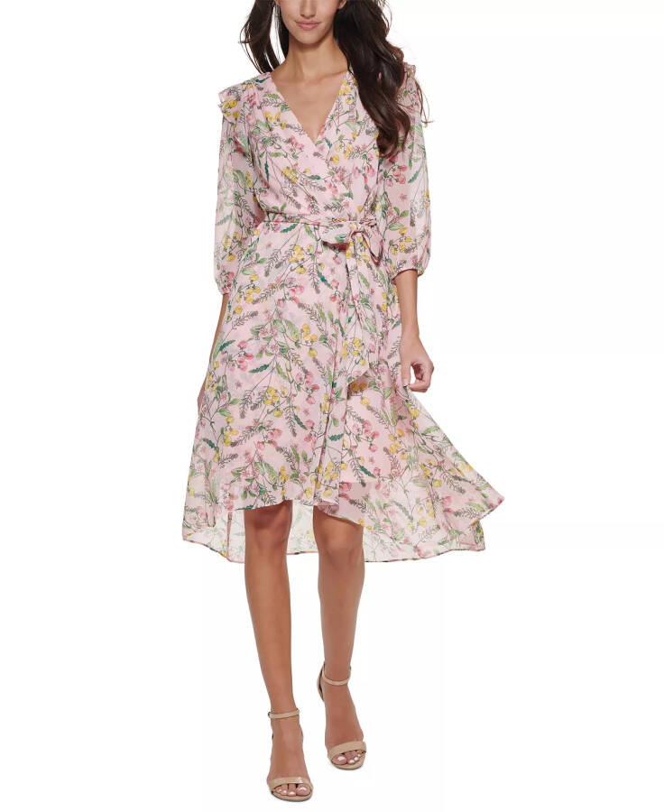 Printed Balloon-Sleeve Faux-Wrap Dress Ballerina Pink Multi - 1