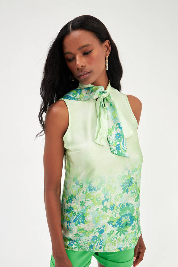 Printed Scarf Detail Blouse - Green - 1