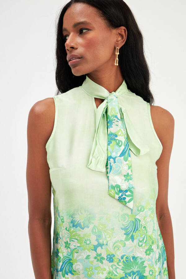 Printed Scarf Detail Blouse - Green - 2