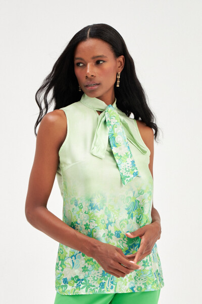 Printed Scarf Detail Blouse - Green - 4