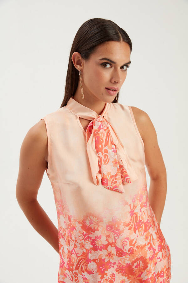 Printed Scarf Detail Blouse - Orange - 1