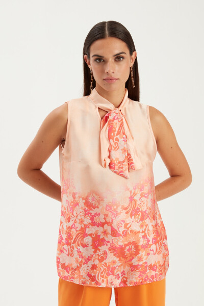 Printed Scarf Detail Blouse - Orange - 3