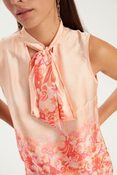 Printed Scarf Detail Blouse - Orange - 4