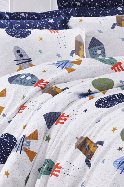 Printed Single-Person Spacex Navy Blue Duvet Set - 3