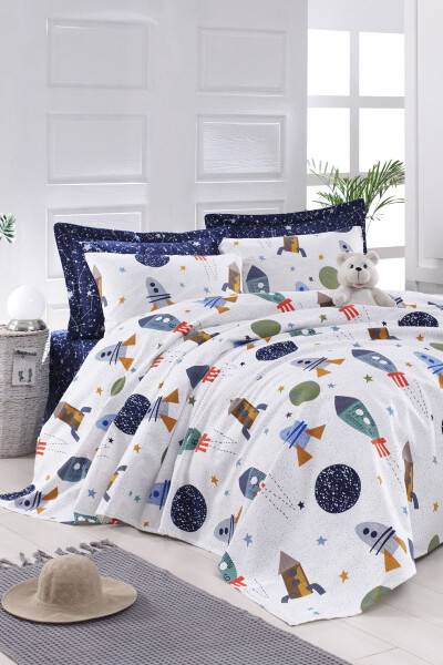 Printed Single-Person Spacex Navy Blue Duvet Set - 4