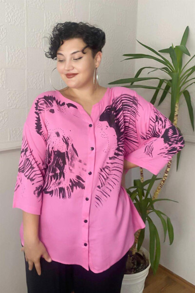 Printed Stone Detail Plus Size Shirt Blouse Fuchsia-Pink - 1