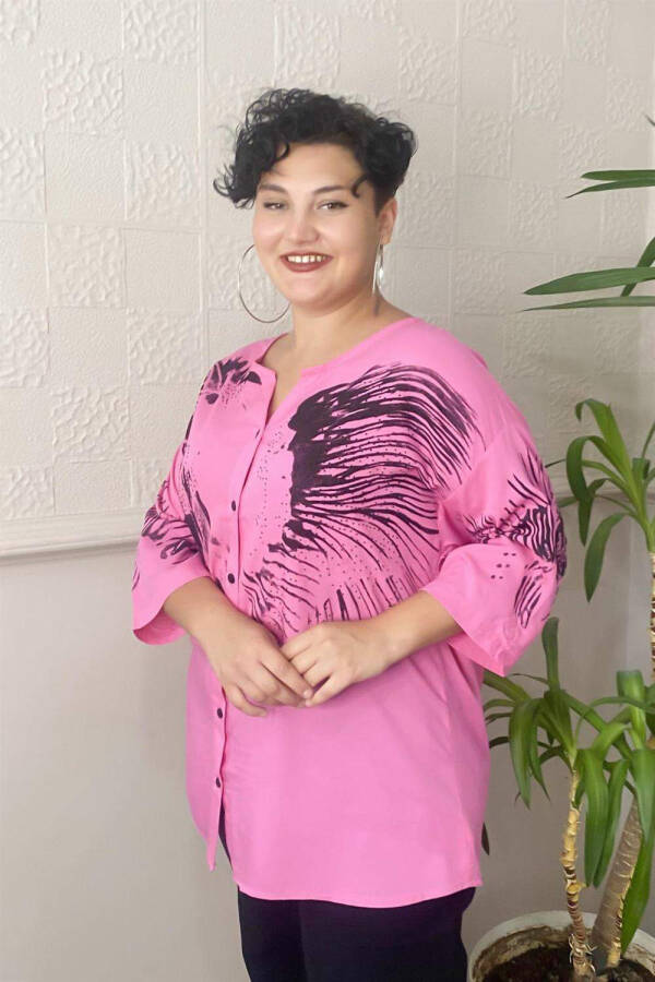 Printed Stone Detail Plus Size Shirt Blouse Fuchsia-Pink - 3