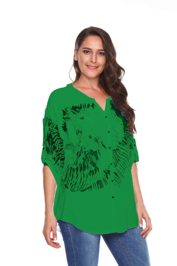 Printed Stone Detail Plus Size Shirt Blouse Green - 2