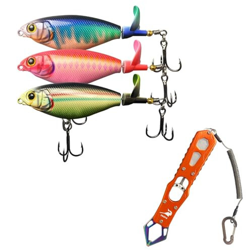 Pristis 3 pcs Topwater Fishing Lures with Propeller Tail & Fish Gripper, Fish Grabber Tool with Lanyard, Fishing Gear Lures Kit Set Combination - 1