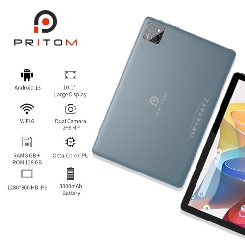 PRITOM TAB11 Tablet Android 13, 128GB, 10 inç Tablet, Sekiz Çekirdekli, 5G Çift WiFi, HD IPS Ekran, Çift Kamera, Bluetooth, FM, USB C - 2