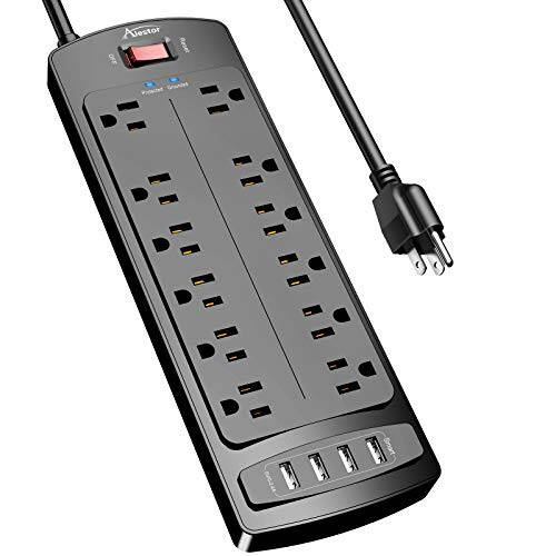 Priz Bağlantı Şeridi, ALESTOR 12 Çıkışlı ve 4 USB Portlu Dalgalanma Korumalı, 6 Fit Uzatma Kablosu (1875W/15A), 2700 Joule, ETL Onaylı, Siyah - 1