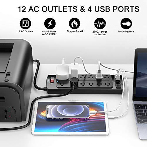 Priz Bağlantı Şeridi, ALESTOR 12 Çıkışlı ve 4 USB Portlu Dalgalanma Korumalı, 6 Fit Uzatma Kablosu (1875W/15A), 2700 Joule, ETL Onaylı, Siyah - 2