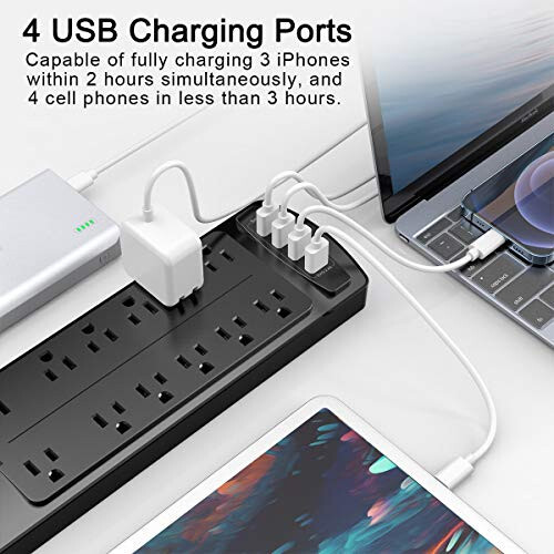 Priz Bağlantı Şeridi, ALESTOR 12 Çıkışlı ve 4 USB Portlu Dalgalanma Korumalı, 6 Fit Uzatma Kablosu (1875W/15A), 2700 Joule, ETL Onaylı, Siyah - 4