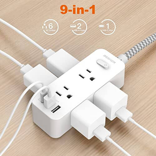 Priz Koruyucu, 5Ft Uzatma Kablosu, 6 Priz ve 3 USB Bağlantı Noktası (1 USB C Bağlantı Noktası), 3 Yönlü Priz Uzatma, Duvara Montajlı, Seyahat, Ev, Okul, Üniversite Yurdu ve Ofis İçin Kompakt - 2