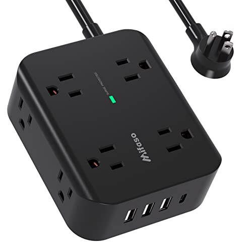 Priz Koruyucu Şerit - Düz Fiş, Duvara Monte, 8 Geniş Priz 4 USB Bağlantı Noktası (1 USB C) ile, 5FT Ağır Hizmet Tipi Uzatma Kablosu Çoklu Prizlerle, Ev Yurdu İçin Şarj İstasyonu Aşırı Yük Koruma - 1