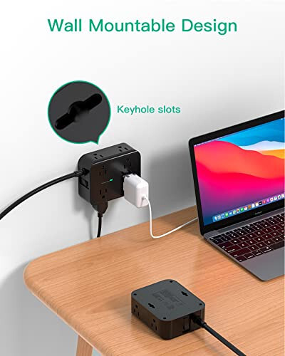 Priz Koruyucu Şerit - Düz Fiş, Duvara Monte, 8 Geniş Priz 4 USB Bağlantı Noktası (1 USB C) ile, 5FT Ağır Hizmet Tipi Uzatma Kablosu Çoklu Prizlerle, Ev Yurdu İçin Şarj İstasyonu Aşırı Yük Koruma - 5