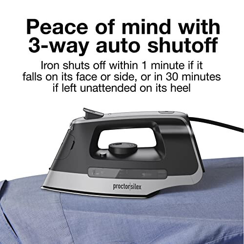 Proctor Silex Steam Iron for Clothes with Durable Stainless Steel Soleplate, 1500 Watts, 8’ Retractable Cord, 3-Way Auto Shutoff, Anti-Drip, Gray and Black (14250) - 3