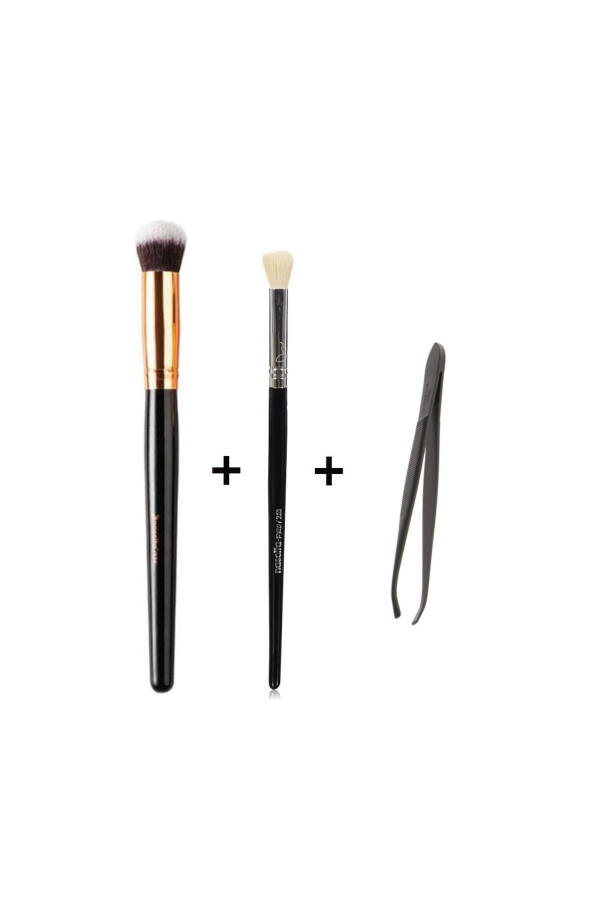 Professional Oval Concealer Brush + Professional Eyeshadow Blending Brush + Black Tweezers - 2