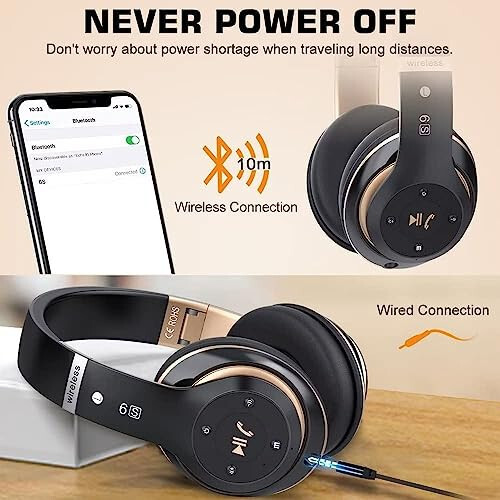 PRTUKYT 6S Simsiz Bluetooth Quloqchinlar Quloq Usti, Hi-Fi Stereo Katlanadigan Simsiz Stereo Quloqchinlar Mikrofonli, Ovoz Balansi, Telefon/Kompyuter Uchun FM (Qora & Oltin) - 9