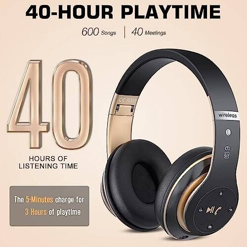 PRTUKYT 6S Wireless Bluetooth Headphones Over Ear, Hi-Fi Stereo Foldable Wireless Stereo Headsets Earbuds with Built-in Mic, Volume Control, FM for Phone/PC (Black & Gold) - 10