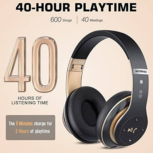 PRTUKYT 6S Wireless Bluetooth Headphones Over Ear, Hi-Fi Stereo Foldable Wireless Stereo Headsets Earbuds with Built-in Mic, Volume Control, FM for Phone/PC (Black & Gold) - 4