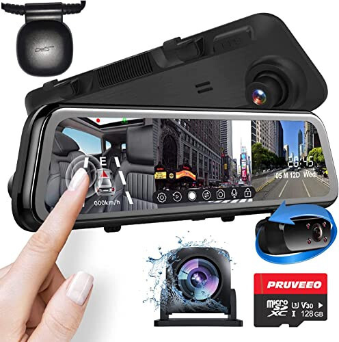 PRUVEEO 2K Ayna Dash Cam 3 Kanal, Arka Görüş Aynası Kamera, Ön ve Arka İç Kamera, 12'' Tam Dokunmatik Ekran, IR Gece Görüşü (Sony Sensörü), GPS, Park Yardımcısı, G-Sensör, Ücretsiz 128GB Kart - 1