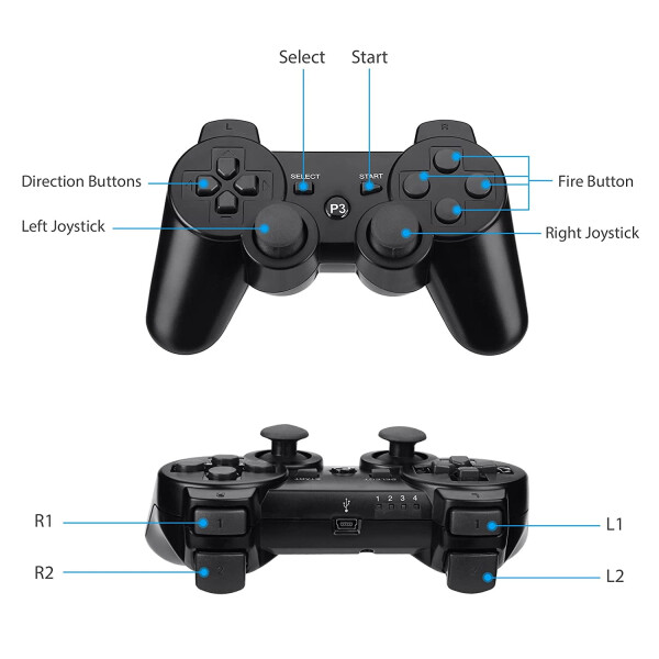 PS3 Oyun Kumandası, Çift titreşimli ve hareket sensörlü kablosuz Playstation 3 Oyun Kumandası, Bluetooth Yeniden Şarj Edilebilir PS3 Kumandası, Siyah (1 Paket) - 13