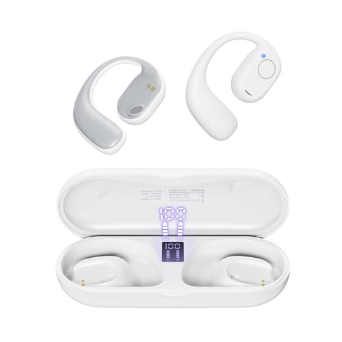 PSIER Open Ear Bluetooth Headphones, 40 Hours Playtime Bluetooth 5.3 Wireless Sports Earbuds with Digital Display Charging Case, White - 1