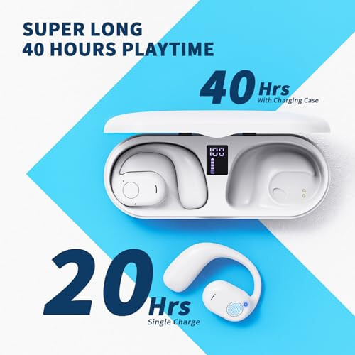 PSIER Open Ear Bluetooth Headphones, 40 Hours Playtime Bluetooth 5.3 Wireless Sports Earbuds with Digital Display Charging Case, White - 4