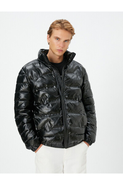 Puffer Jacket Leather Look Zip Up Stand Collar - 27