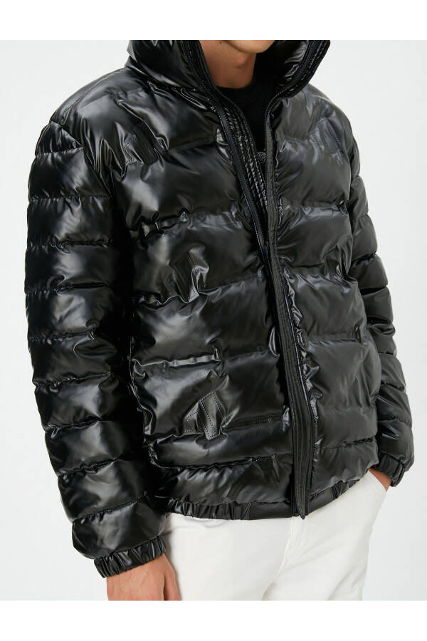 Puffer Jacket Leather Look Zip Up Stand Collar - 29