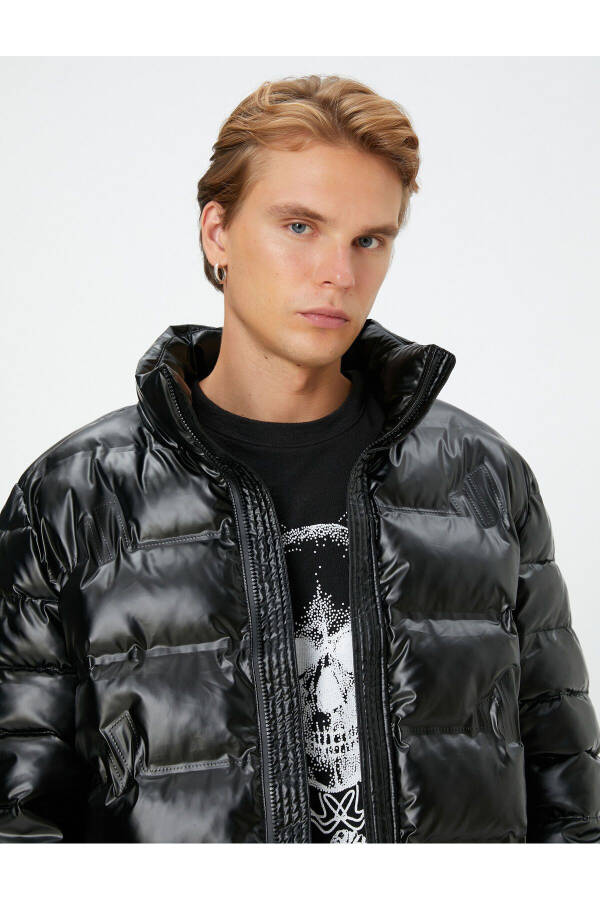 Puffer Jacket Leather Look Zip Up Stand Collar - 17