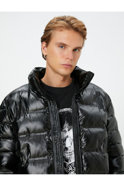 Puffer Jacket Leather Look Zip Up Stand Collar - 9